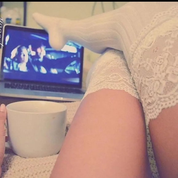 White Lacey Thigh High Socks - Picture 3 of 3